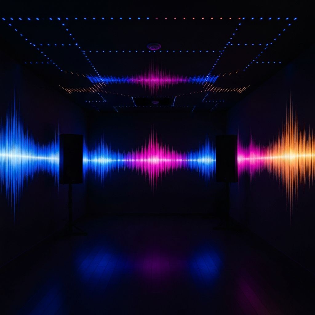 Voice-activated LED lights syncing with music in a party room