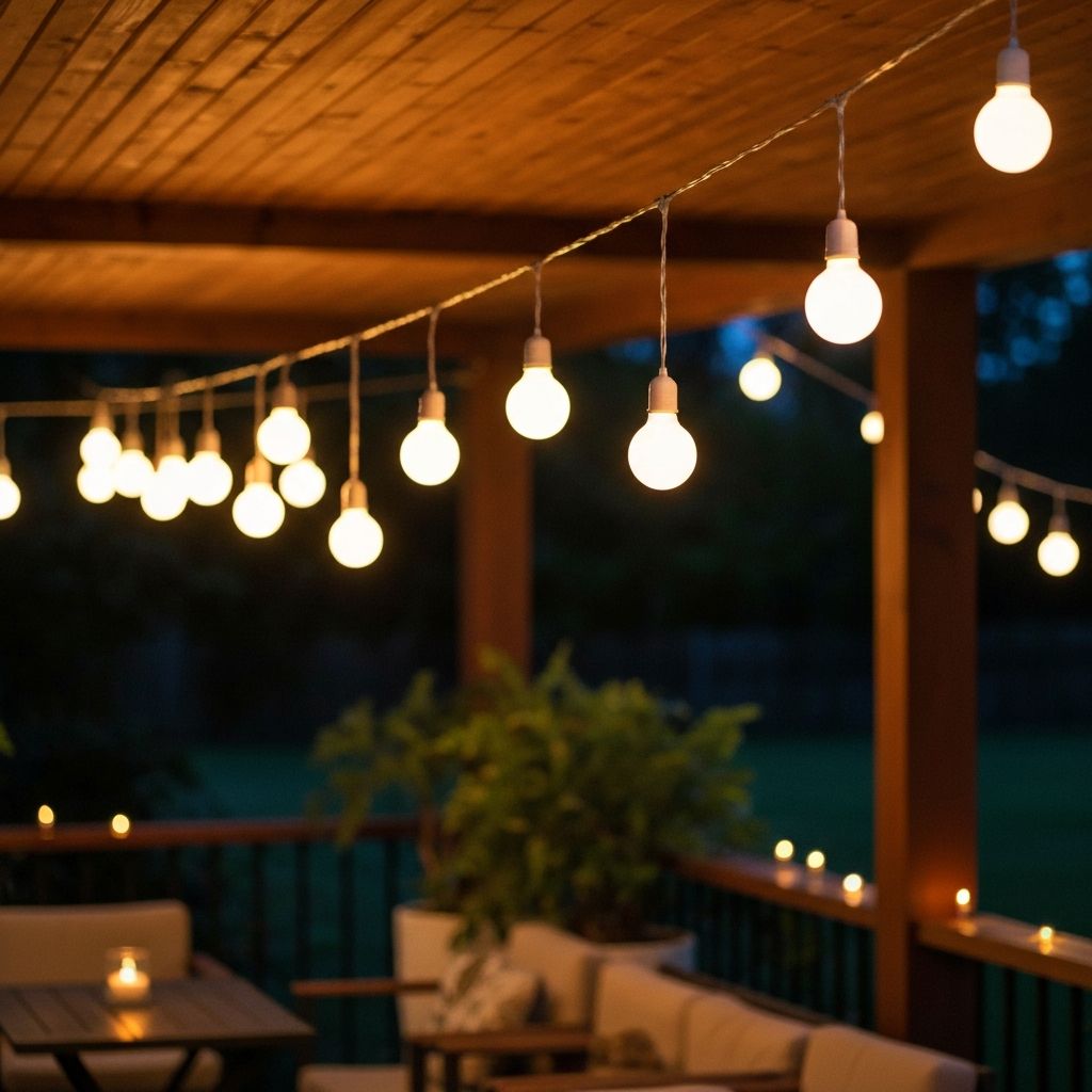 Decorative LED string lights hanging in outdoor garden patio area