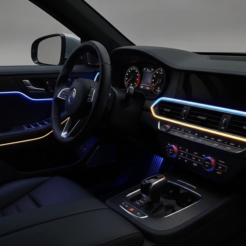 LED ambient lighting installed inside a car dashboard and door panels